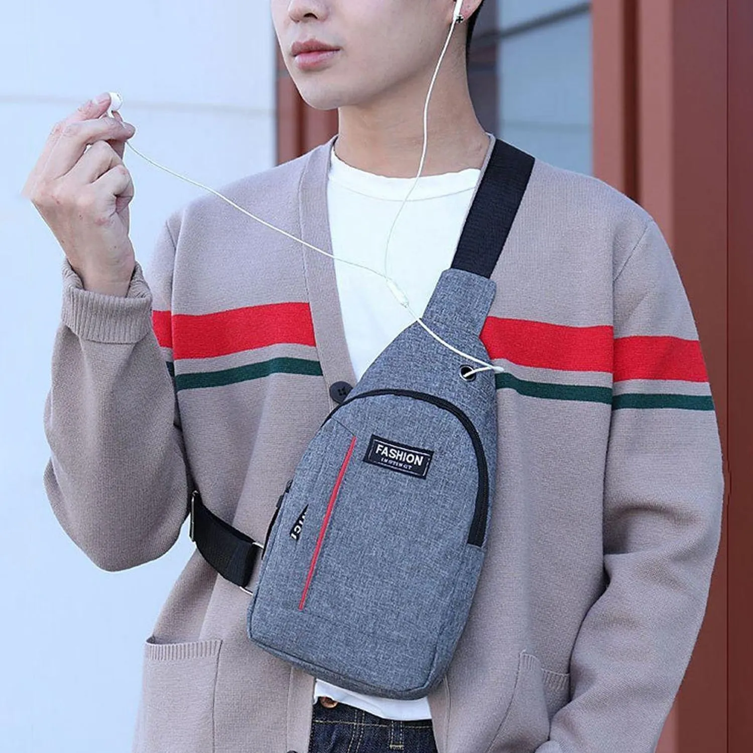 0323 grey Waterproof Anti Theft Crossbody fanny pack waist bag PU Leather Shoulder Bags Chest Men Casual fashion USB Charging earphone hook Sling Travel Messengers Bag