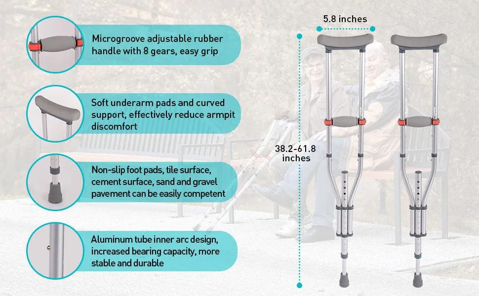 1 Pair Lightweight Adjustable Underarm Crutches with Underarm Pads Folding Aluminum, 8 Adjustable Height for 4'7" to 6'7"