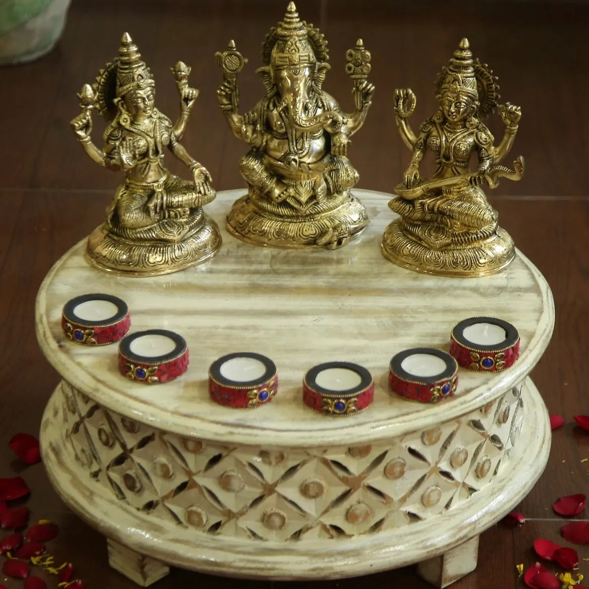 17 Inches Carved Wooden Round Chowki For Idols And Pooja