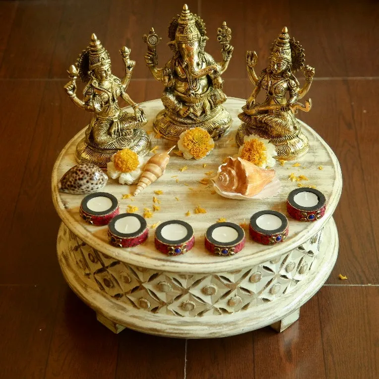 17 Inches Carved Wooden Round Chowki For Idols And Pooja