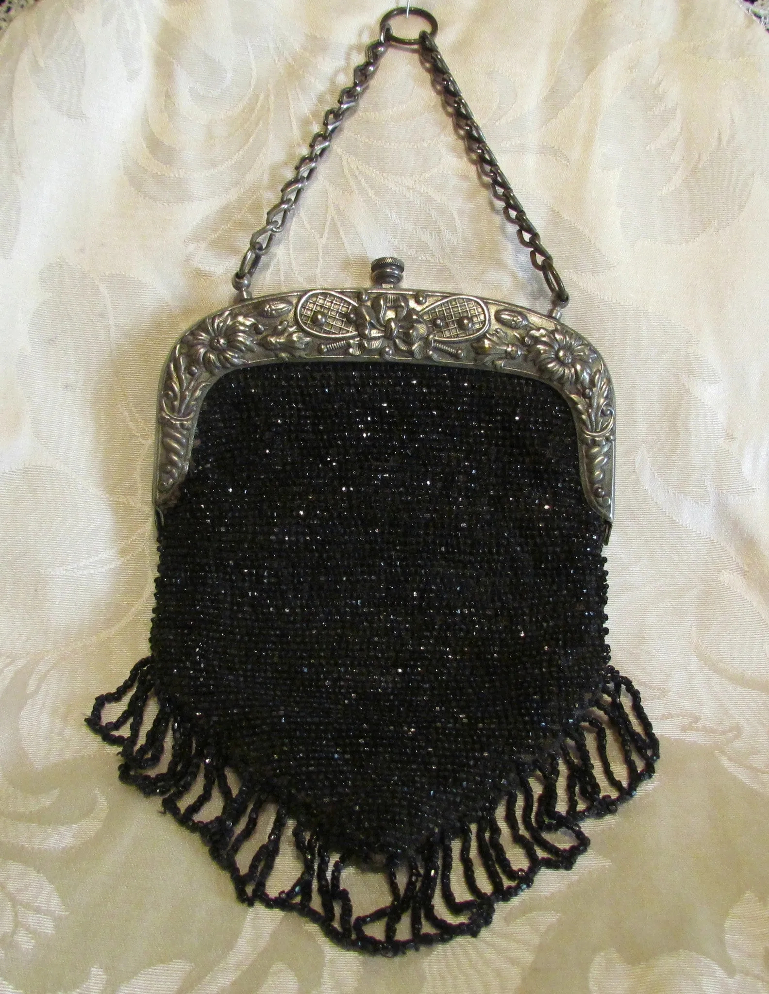 1910s Steel Cut Bead Purse Antique Chatelaine Black Beaded Bag Art Nouveau Silver Tennis Racket Frame