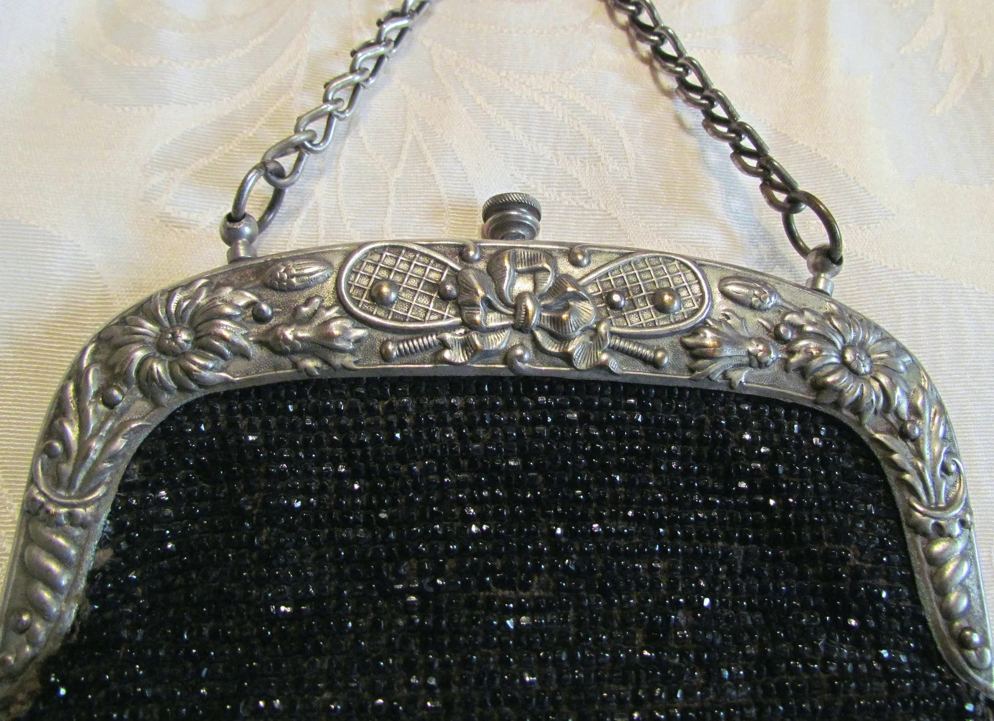 1910s Steel Cut Bead Purse Antique Chatelaine Black Beaded Bag Art Nouveau Silver Tennis Racket Frame