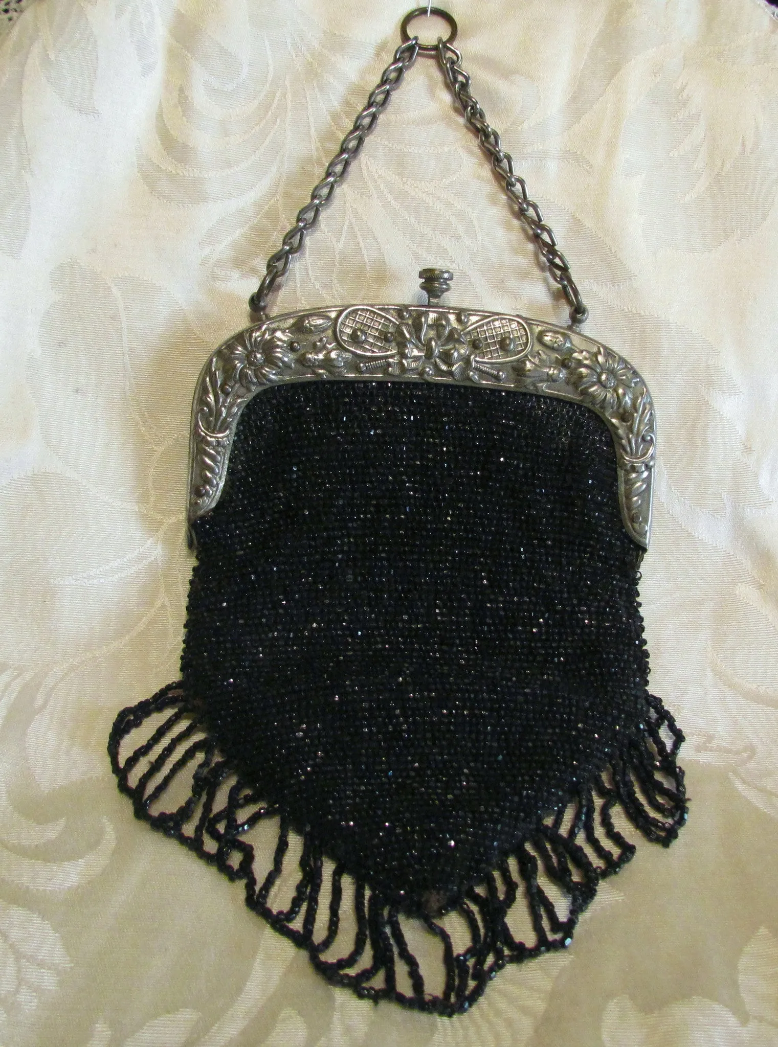 1910s Steel Cut Bead Purse Antique Chatelaine Black Beaded Bag Art Nouveau Silver Tennis Racket Frame