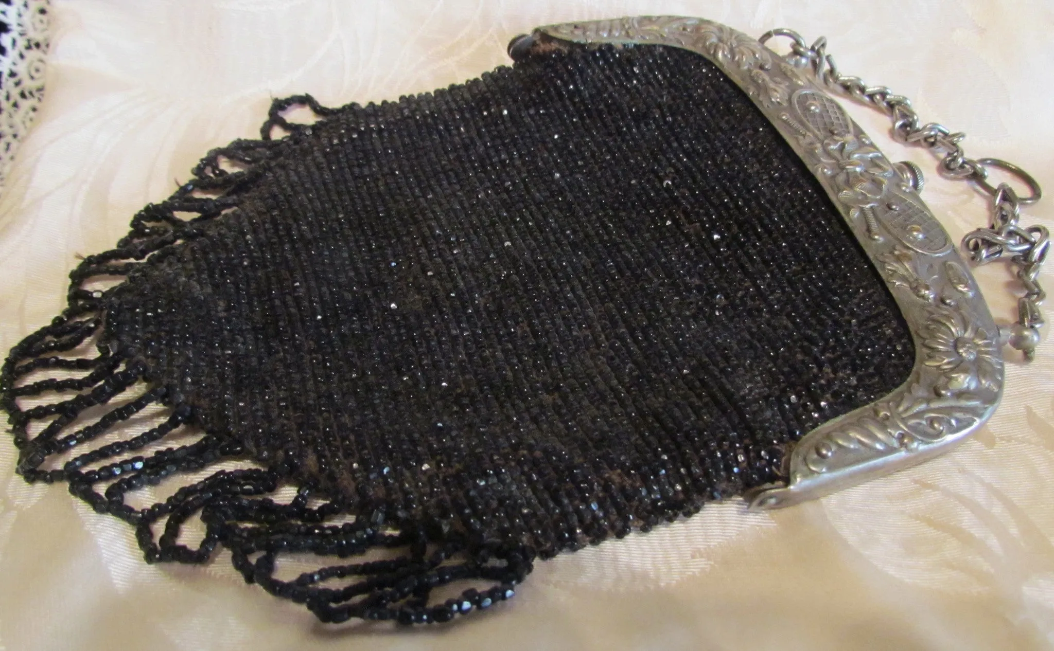 1910s Steel Cut Bead Purse Antique Chatelaine Black Beaded Bag Art Nouveau Silver Tennis Racket Frame