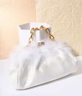 1920s White Satin & Fur Trim Clutch Handbag