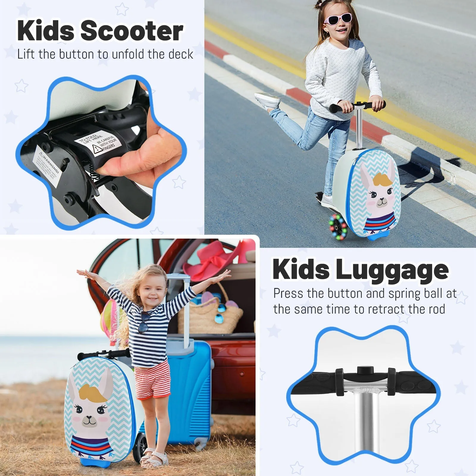 2-in-1 Folding Kids Scooter with Suitcase and 3 Color Lighted Wheels-Light Blue