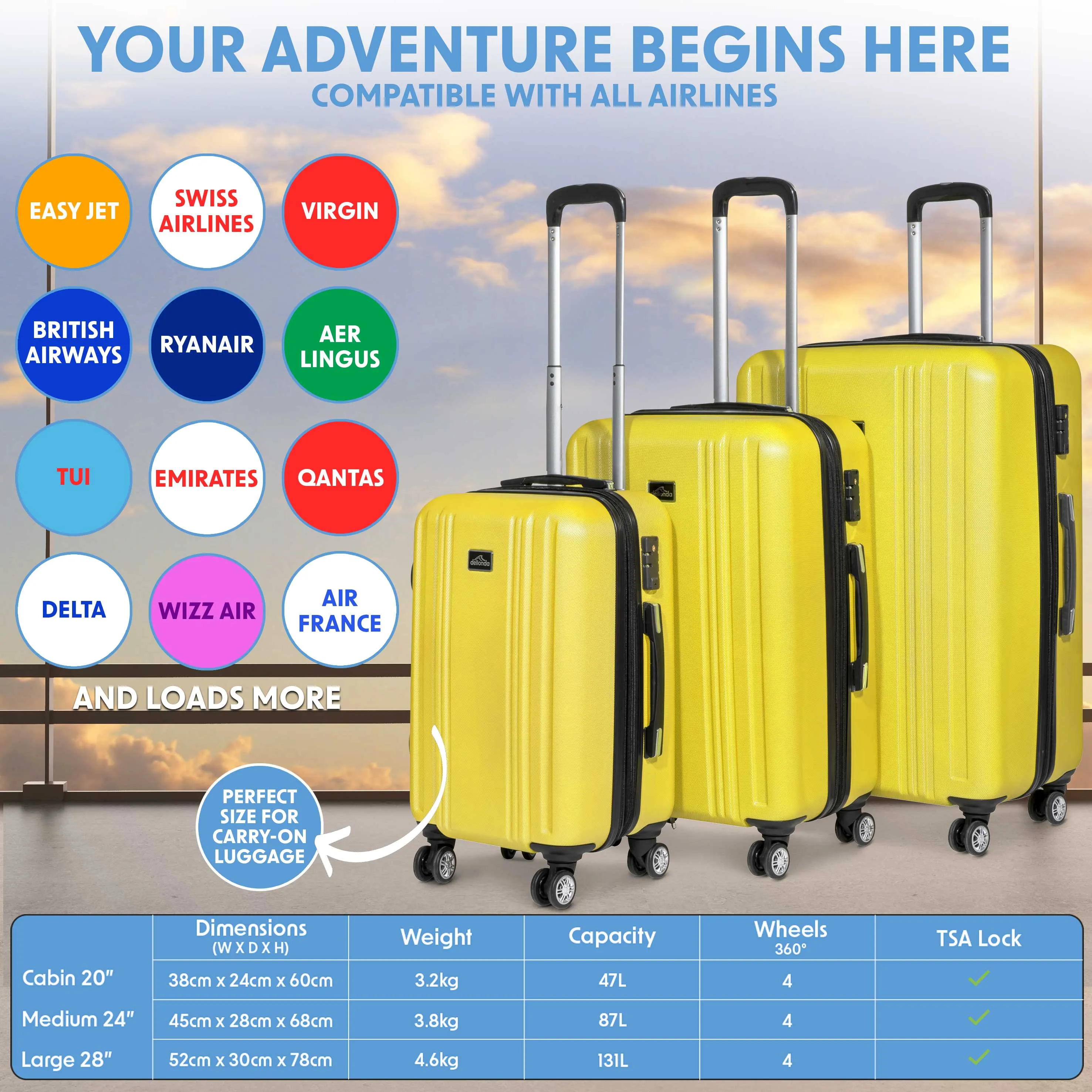 3 Piece Lightweight Luggage Suitcase Trolley Set ABS TSA Lock - Yellow - DL124