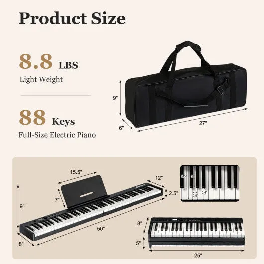 88-Key Folding Electric Lighted Piano Full-Size Portable Keyboard MIDI-Black