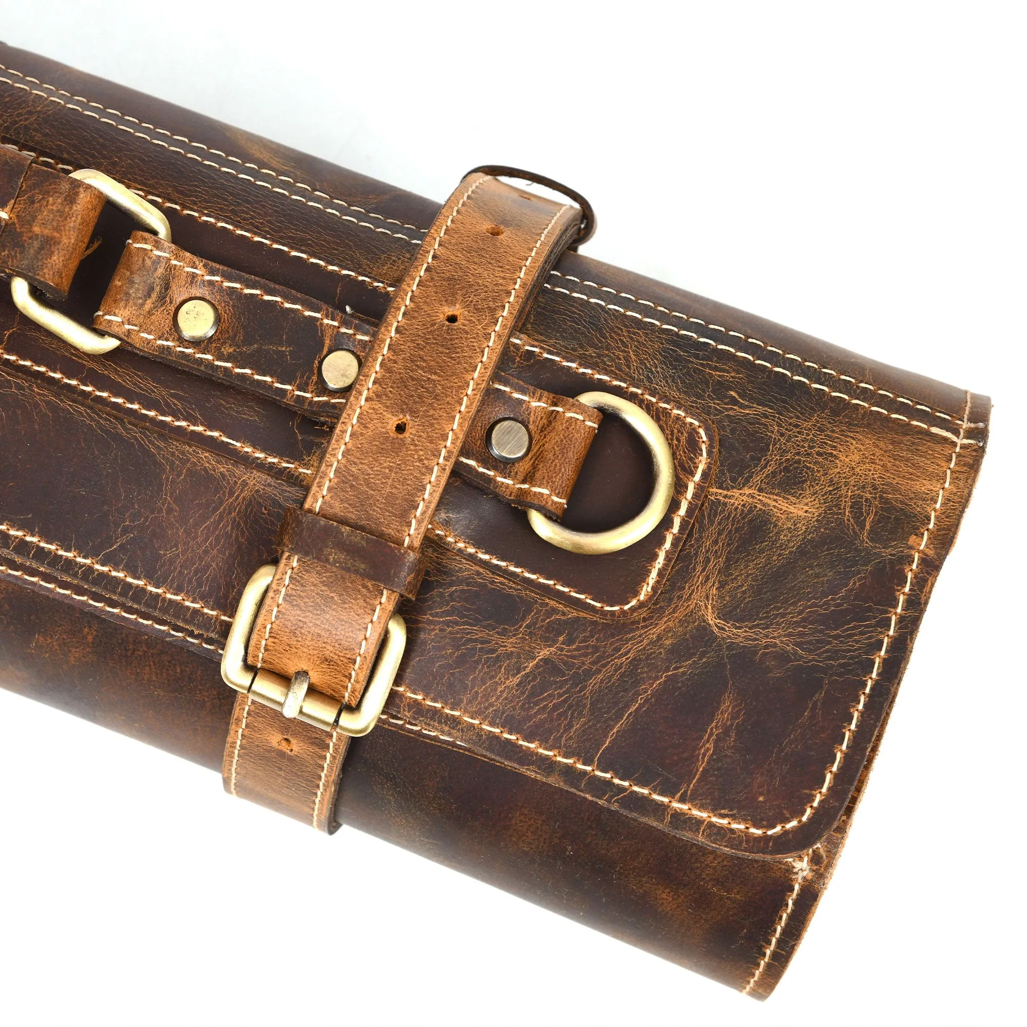 Aaron Leather Goods Tuscania Knife Roll Storage Bag Case, Caramel Brown Leather