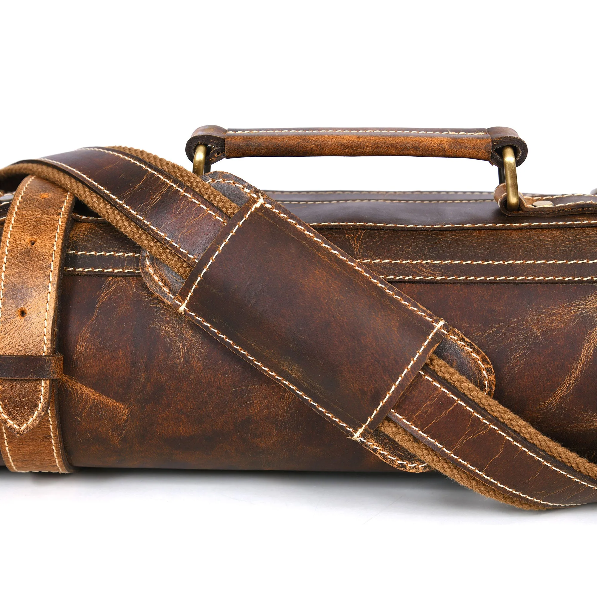 Aaron Leather Goods Tuscania Knife Roll Storage Bag Case, Caramel Brown Leather