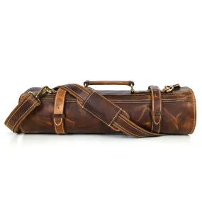 Aaron Leather Goods Tuscania Knife Roll Storage Bag Case, Caramel Brown Leather