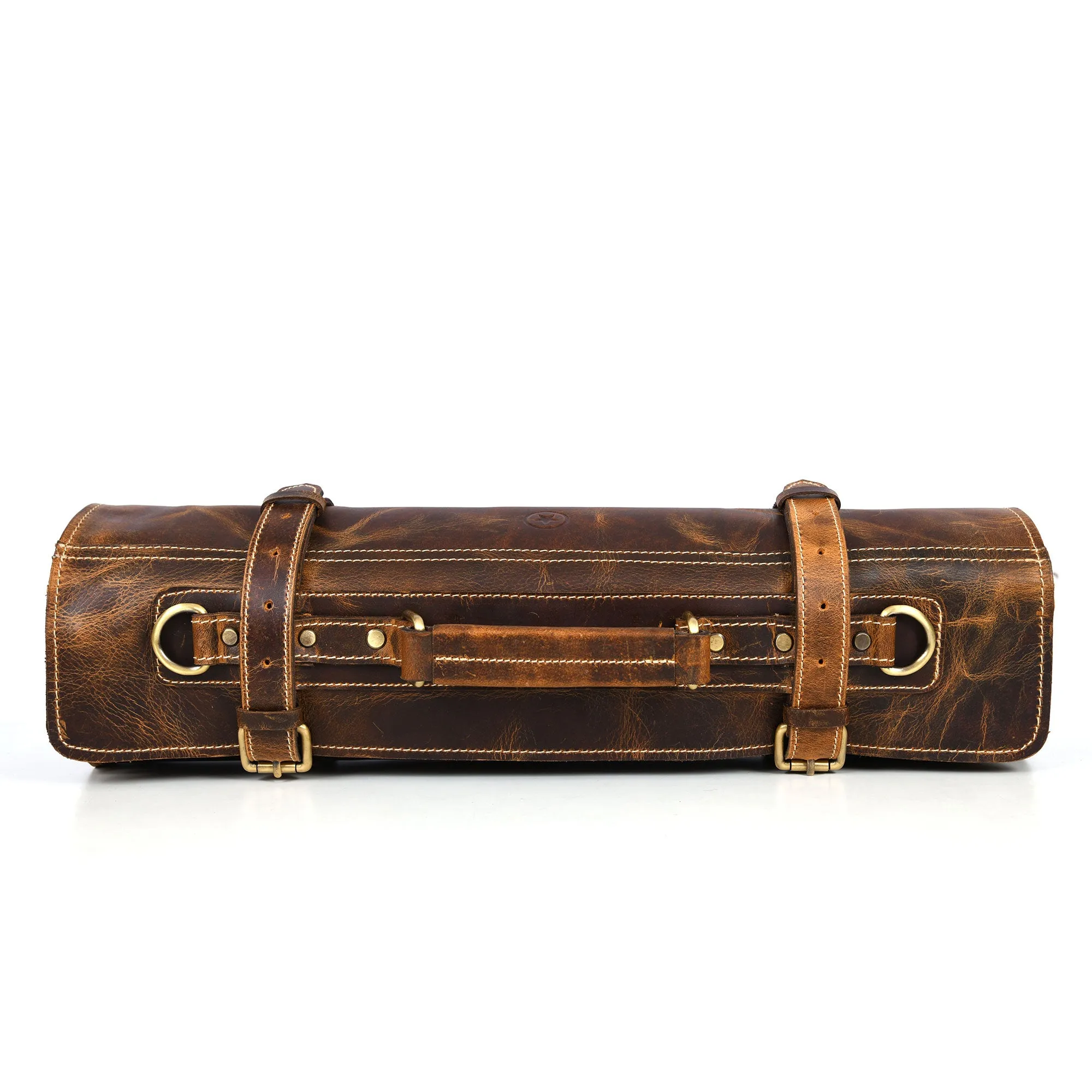 Aaron Leather Goods Tuscania Knife Roll Storage Bag Case, Caramel Brown Leather