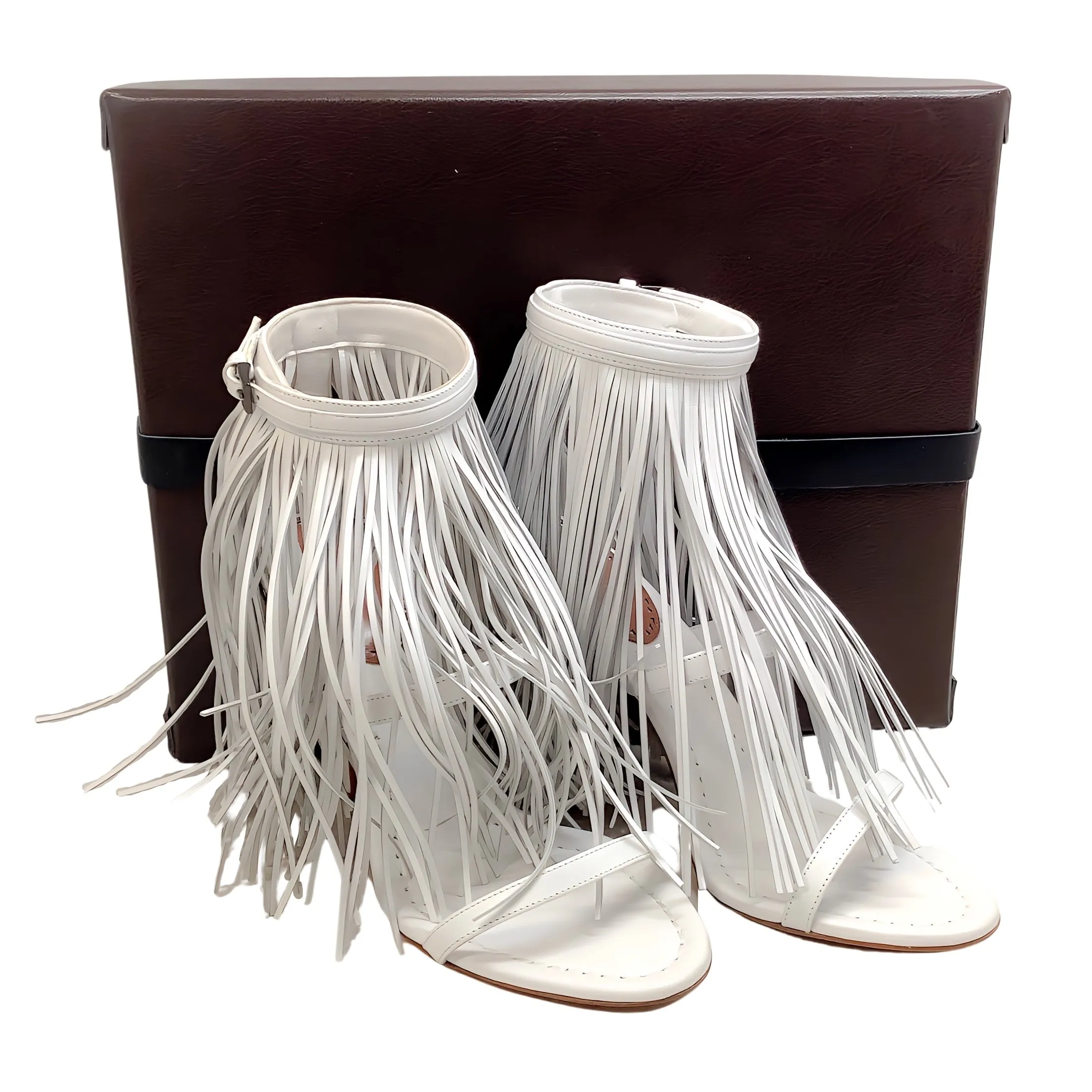 Alaia White Leather Maxi Fringe Sandals with Ankle Strap