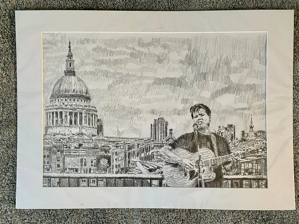 Alex Gibson: South Bank busker portrait by Stella Tooth