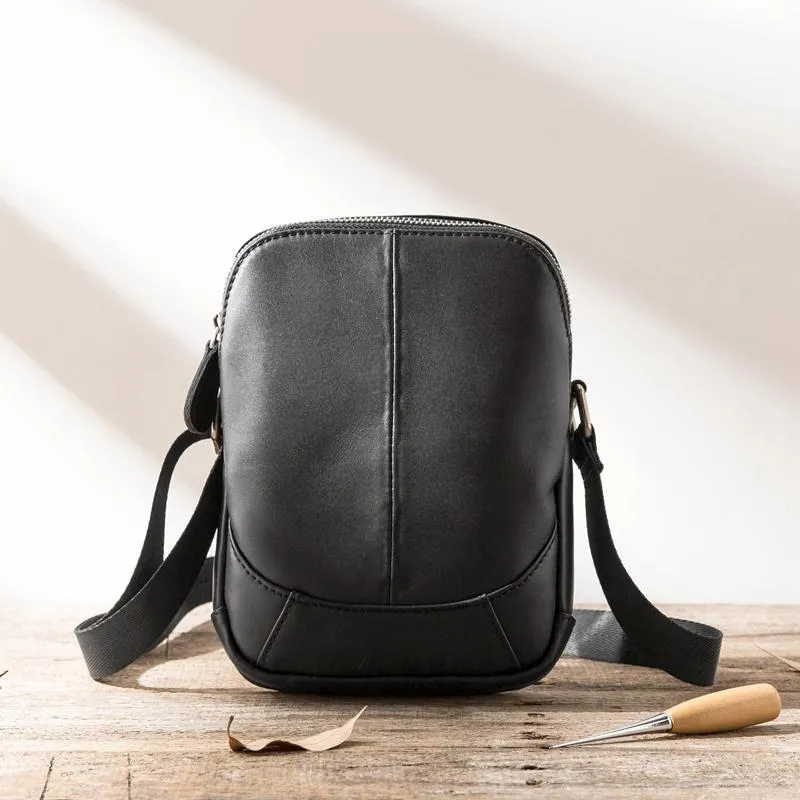 Black Leather Mens Small Vertical Messenger Bag Postman Bag Small Courier Bag for Men