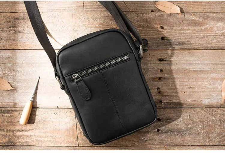 Black Leather Mens Small Vertical Messenger Bag Postman Bag Small Courier Bag for Men