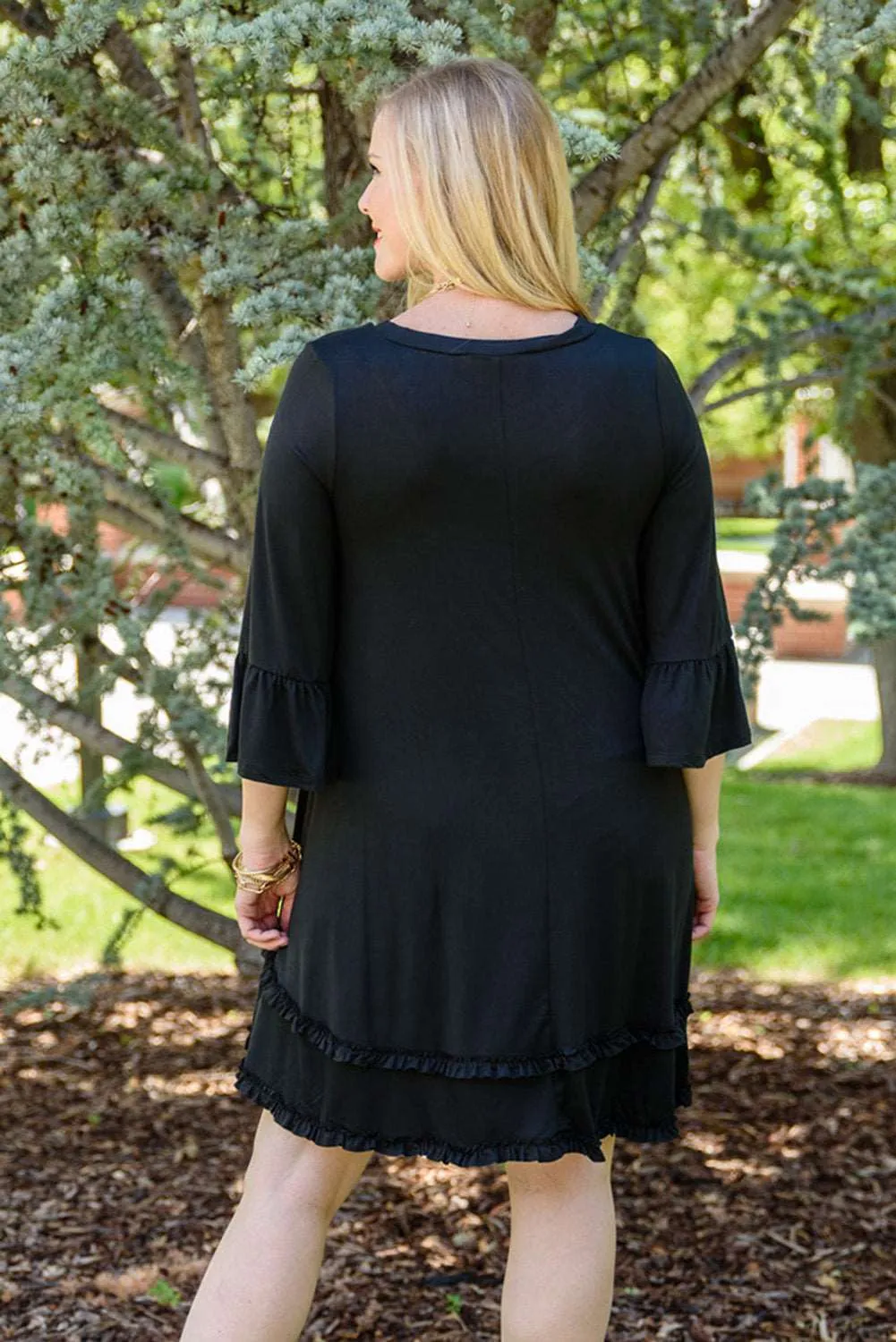 Black Plus Size Ruffled Trim 3/4 Sleeve Dress