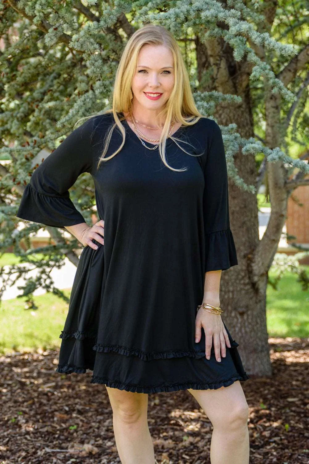 Black Plus Size Ruffled Trim 3/4 Sleeve Dress