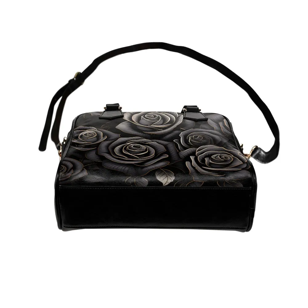 Black Roses Shoulder Purse, Cute Floral Flowers Small Goth Retro Vintage Vegan Leather Women Designer Handbag with Strap Crossbody Bag