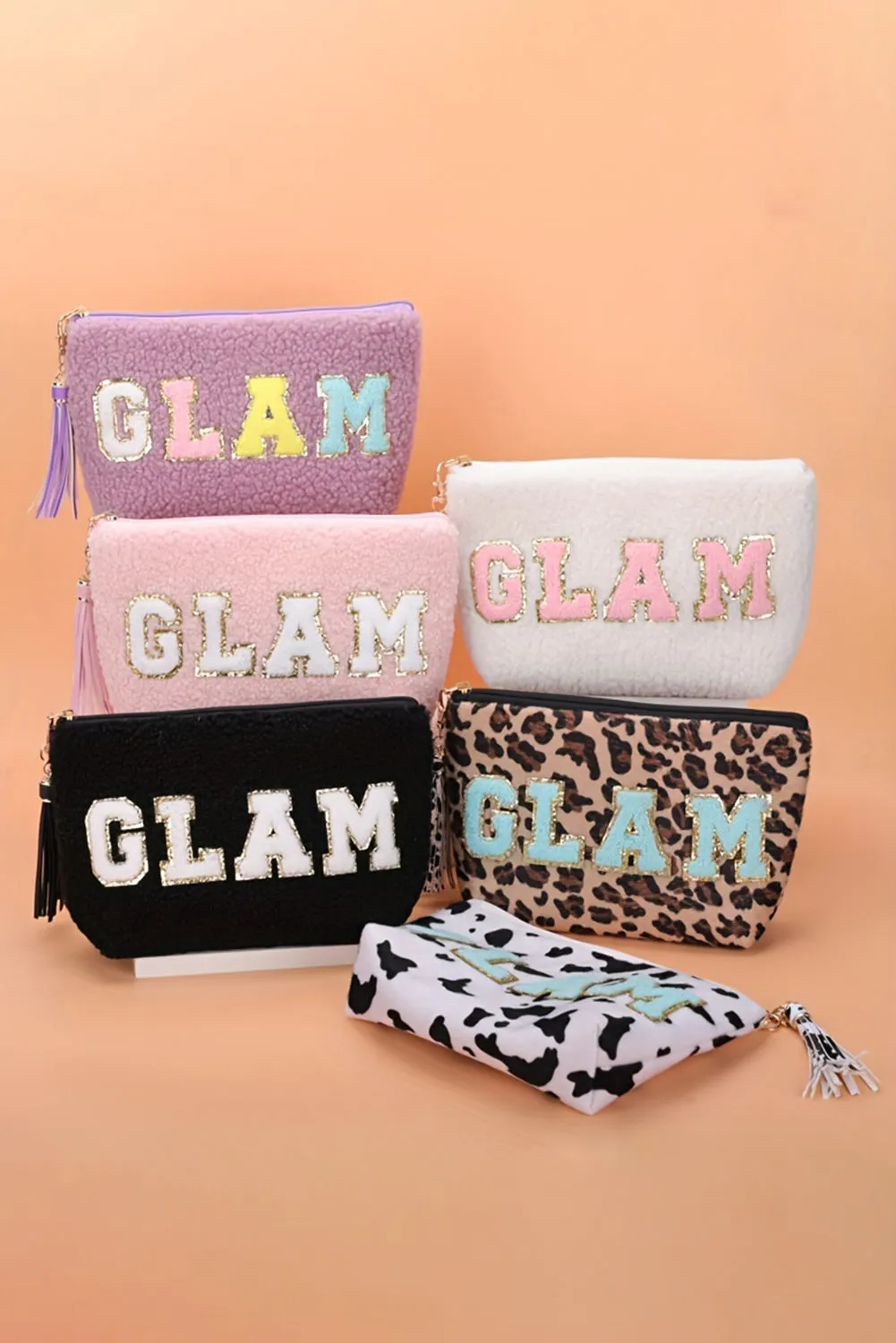 Black Sparkle Letter Pattern Tassel Zipper Makeup Bag