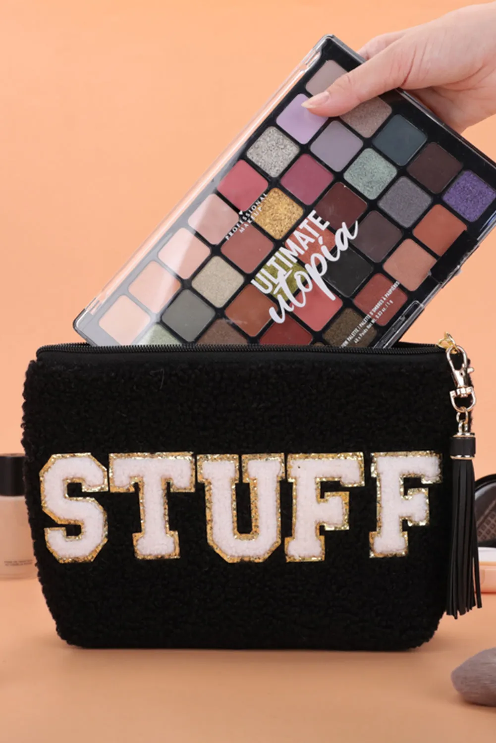 Black Sparkle Letter Pattern Tassel Zipper Makeup Bag