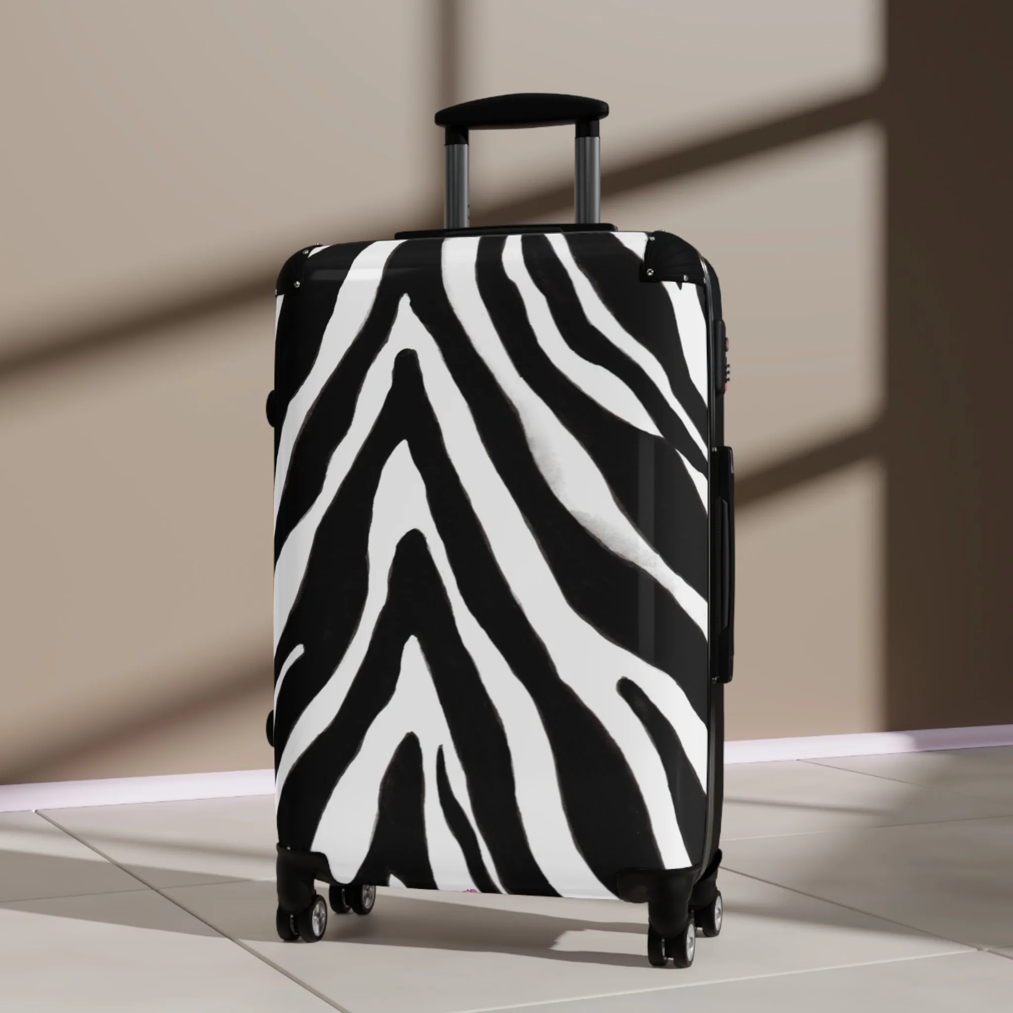 Black Zebra Print Cabin Suitcase, Zebra Striped Animal Print Designer Suitcase Luggage (Small, Medium, Large)