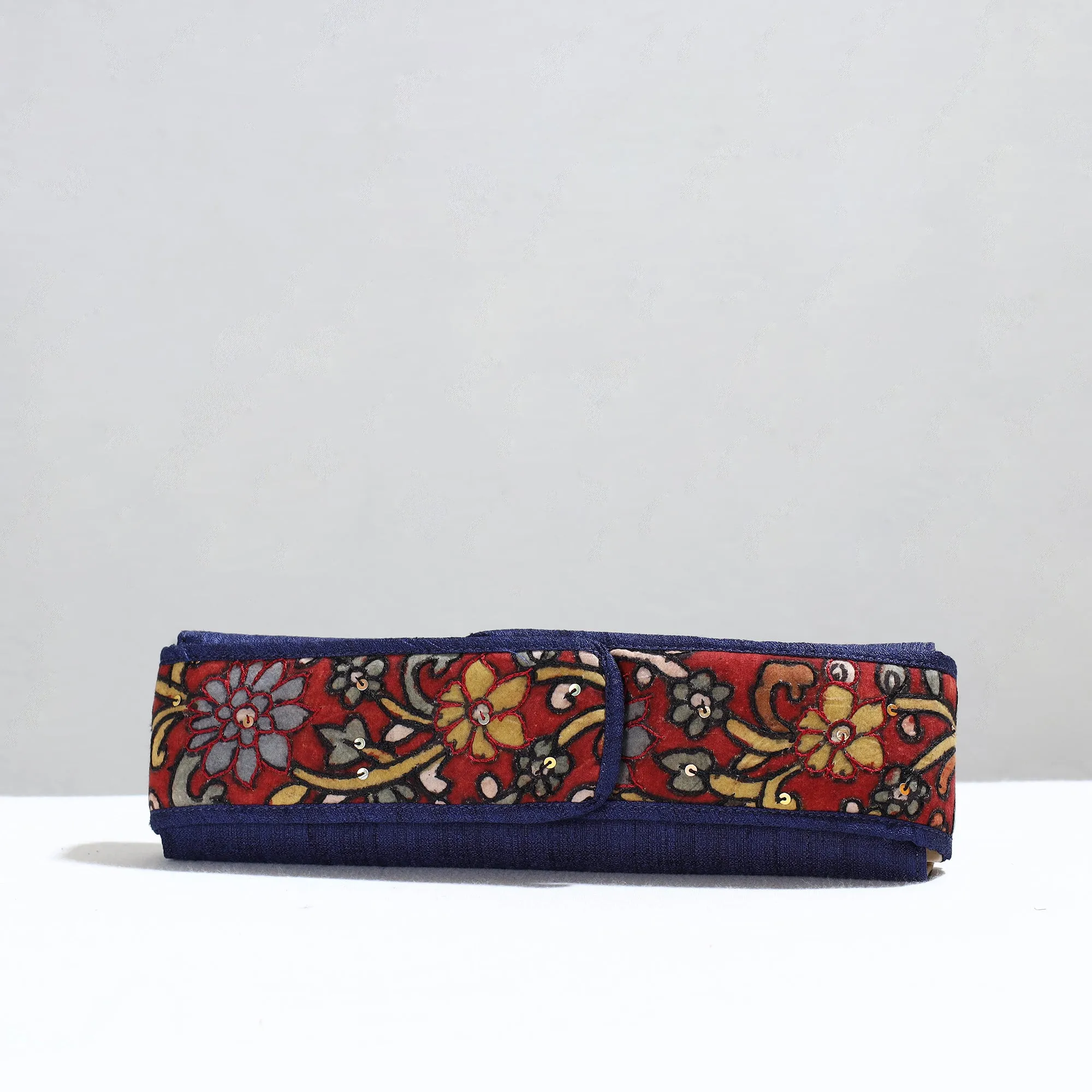 Blue - Handpainted Kalamkari Natural Dyed Ghicha Silk Earrings Pouch 03