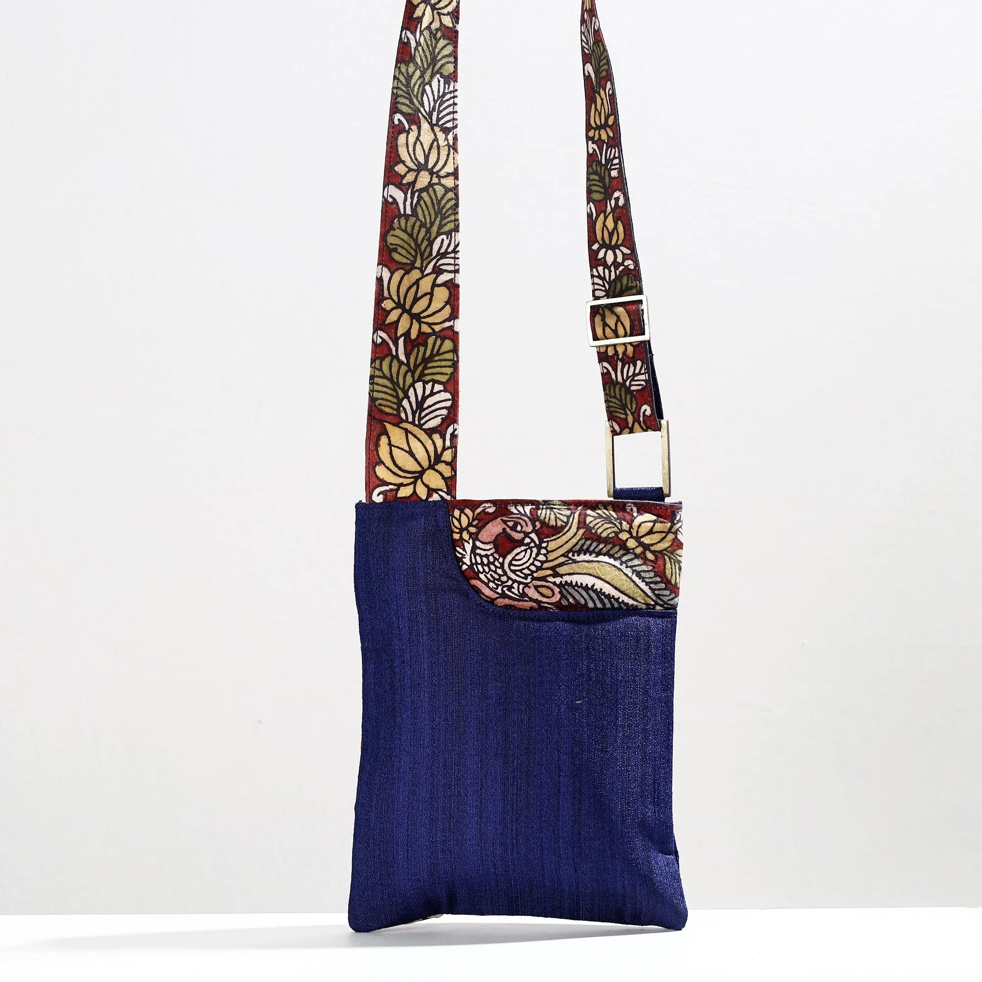 Blue - Handpainted Kalamkari Natural Dyed Ghicha Silk Sling Bag