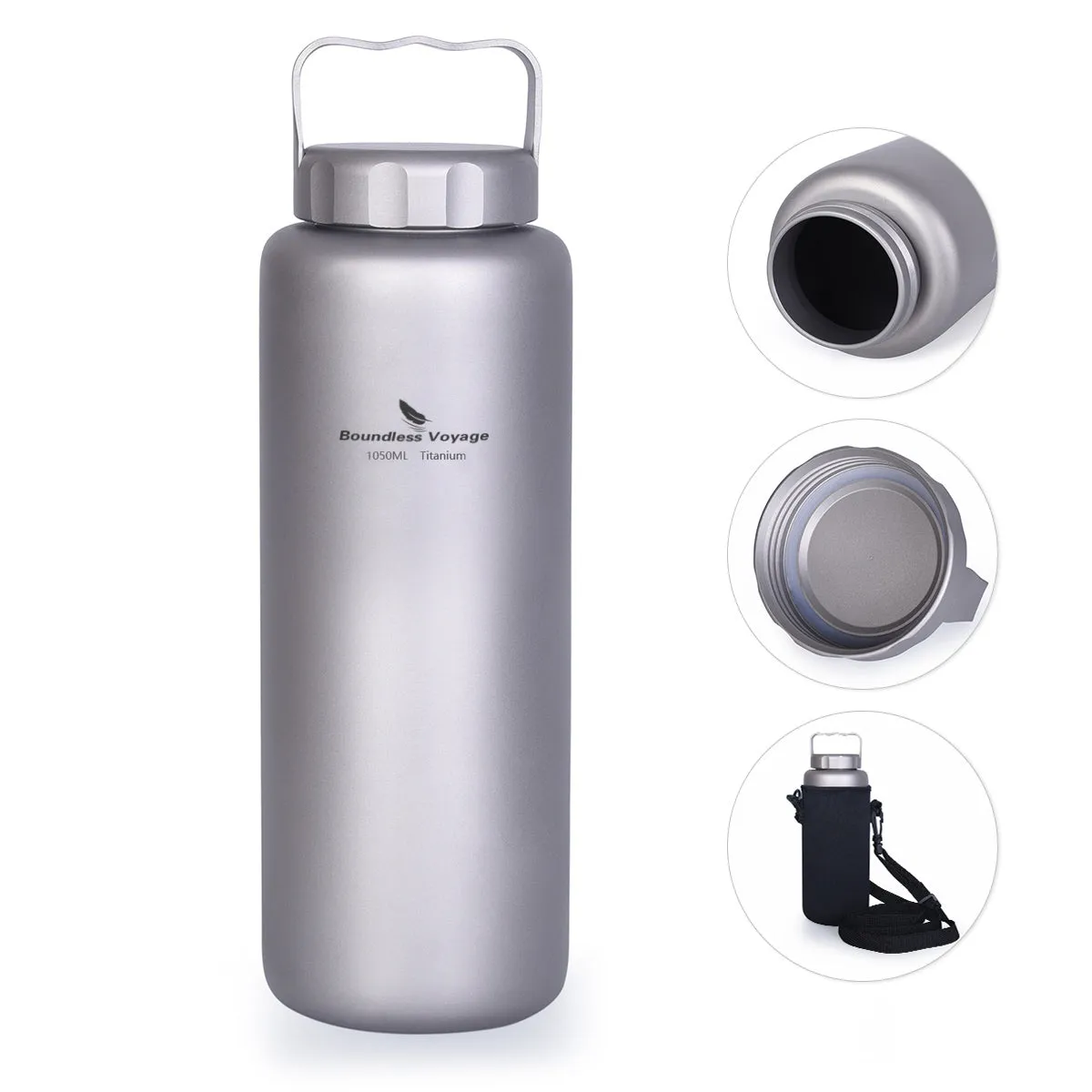 Boundless Voyage Outdoor Titanium 1050ml Water Bottle with Handle Big Capacity Tea Coffee Wine Canteen Wide Mouth Drinkware for Camping Hiking Cycling Sports