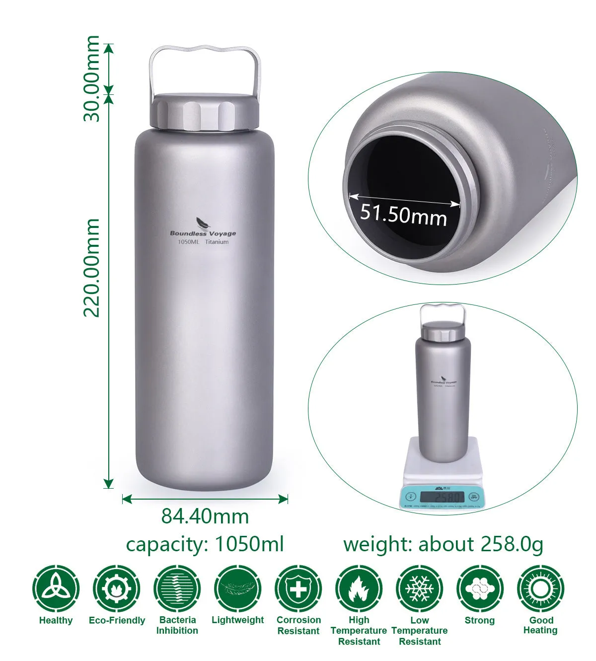 Boundless Voyage Outdoor Titanium 1050ml Water Bottle with Handle Big Capacity Tea Coffee Wine Canteen Wide Mouth Drinkware for Camping Hiking Cycling Sports