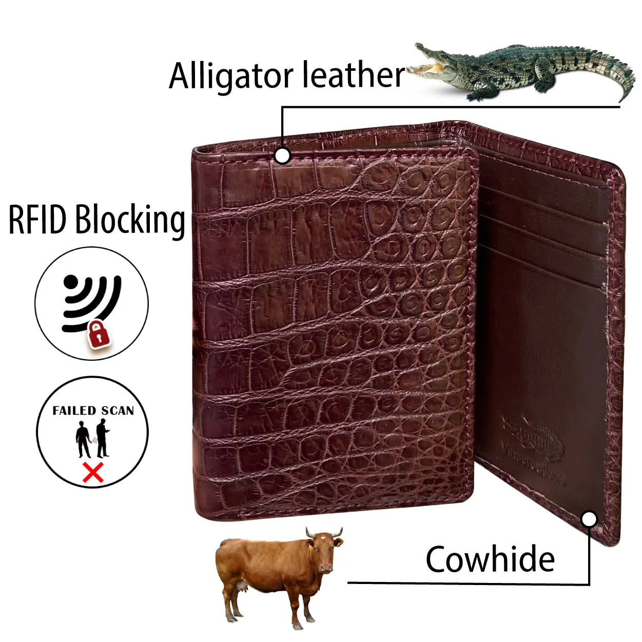 Brown Alligator Leather Trifold Wallet RFID Blocking | TRI33