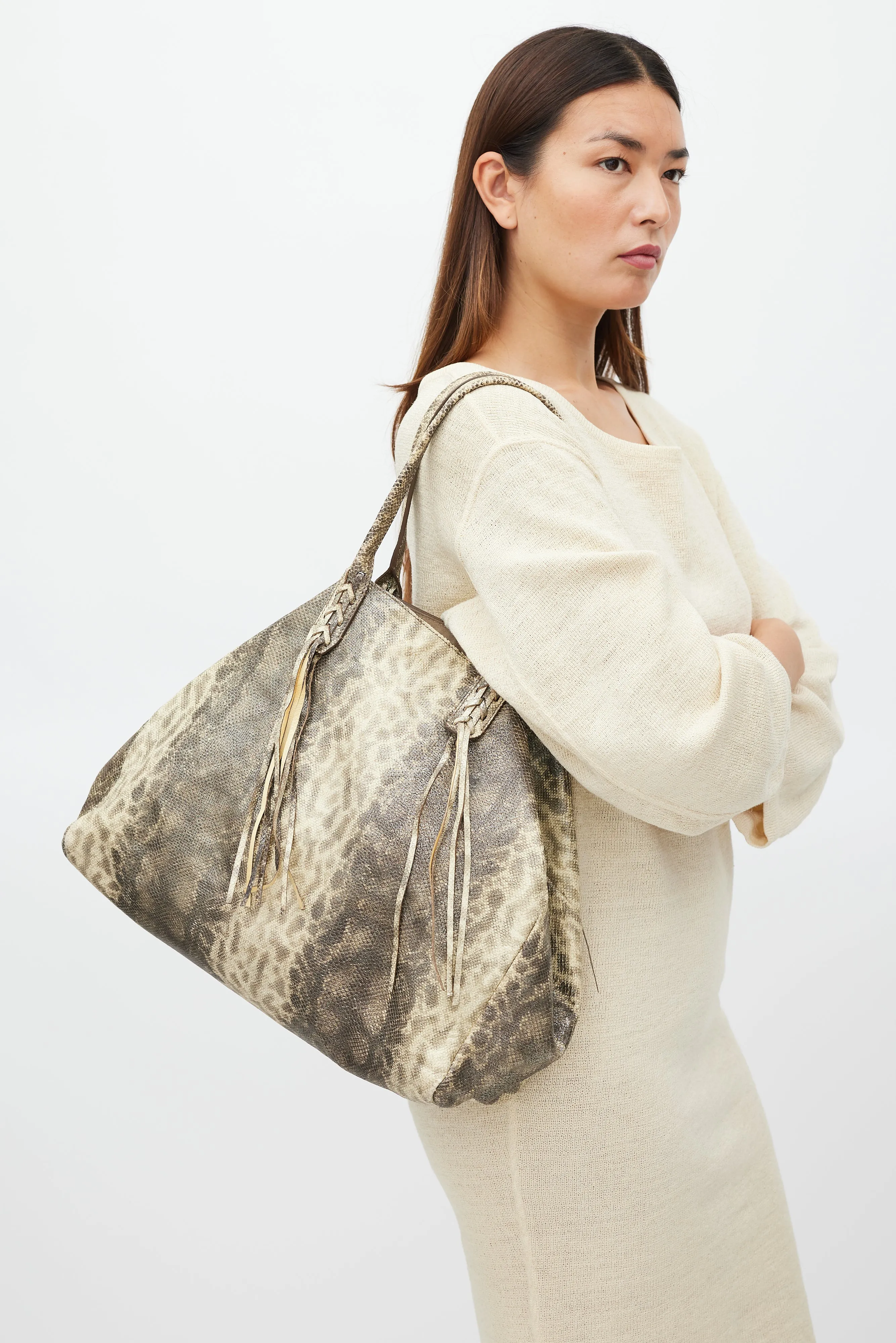 Brown & Beige Textured Leather Metallic Tote Bag