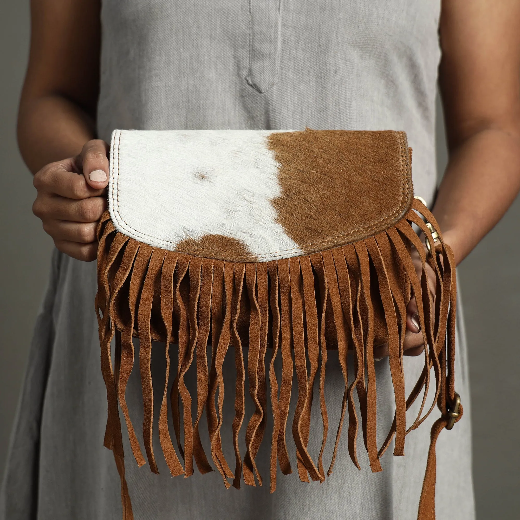 Brown - Handcrafted Suede Leather Fringe Sling Bag