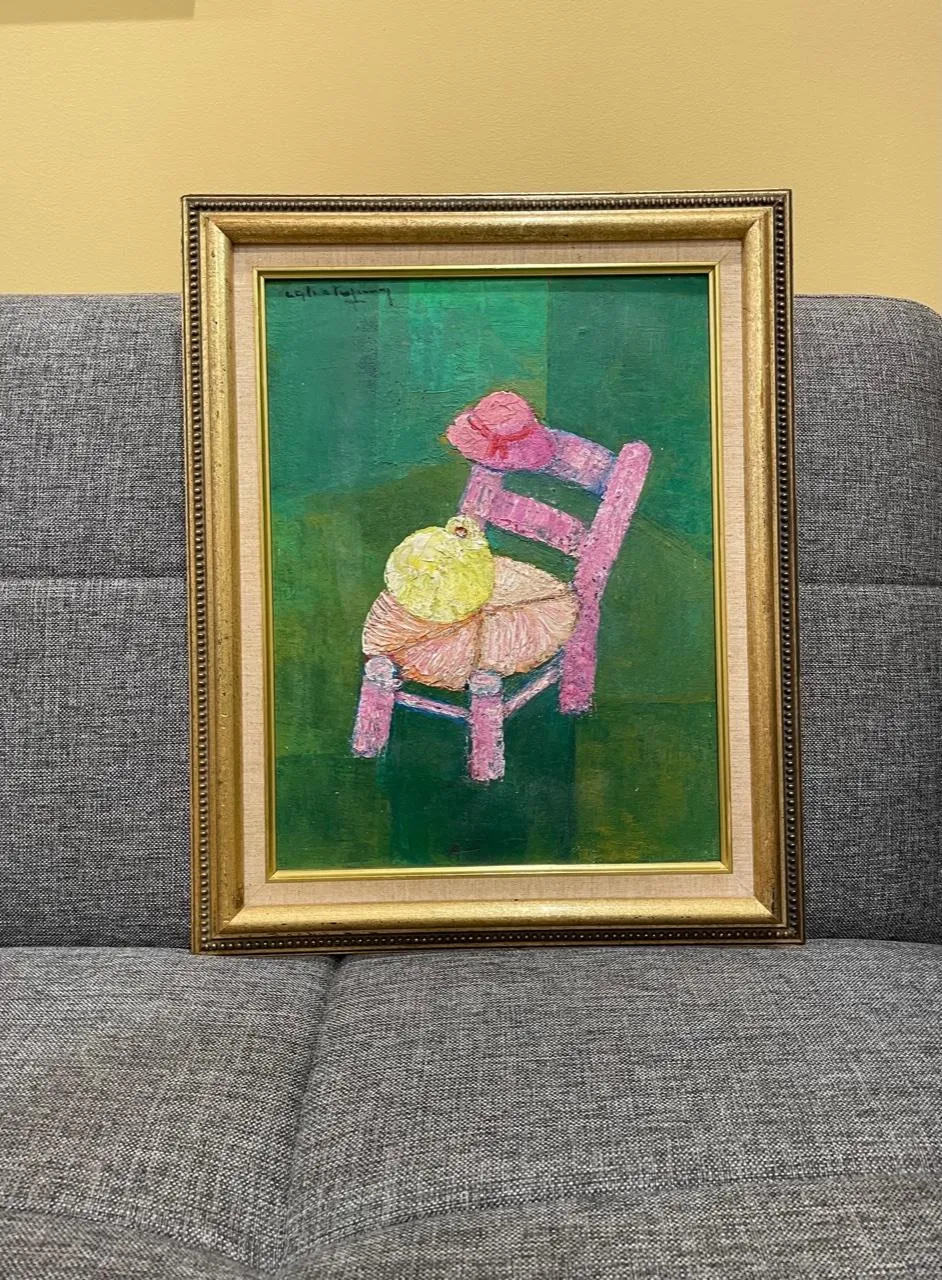 Calixte Henry (1933-2010) 16"x12" Chair/ Pigeon Acrylic on Canvas #1MFN- Framed