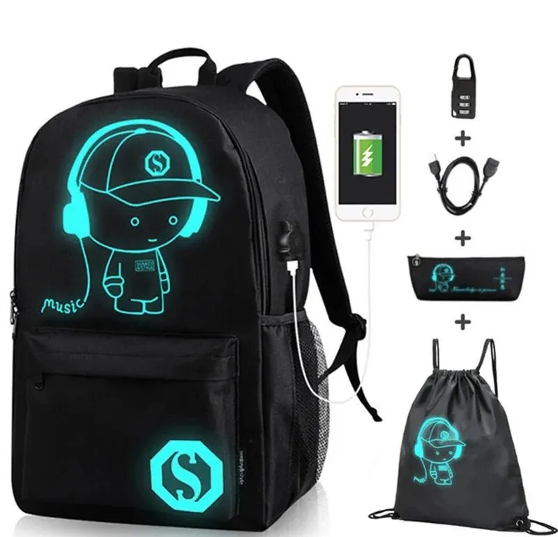 Cartoon-Inspired Luminous School Backpack – Stylish Daypack with USB Charging Port & Secure Lock for Boys and Girls (Under 15.6 inches)