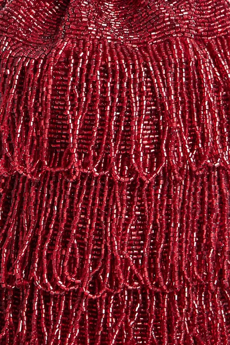 Channel Hand Embellished Fringe Bucket Bag in Red