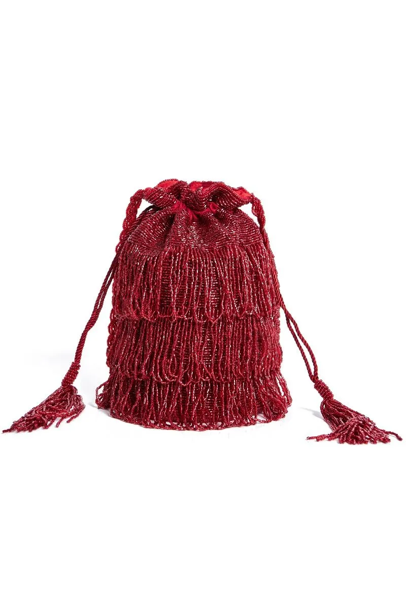 Channel Hand Embellished Fringe Bucket Bag in Red