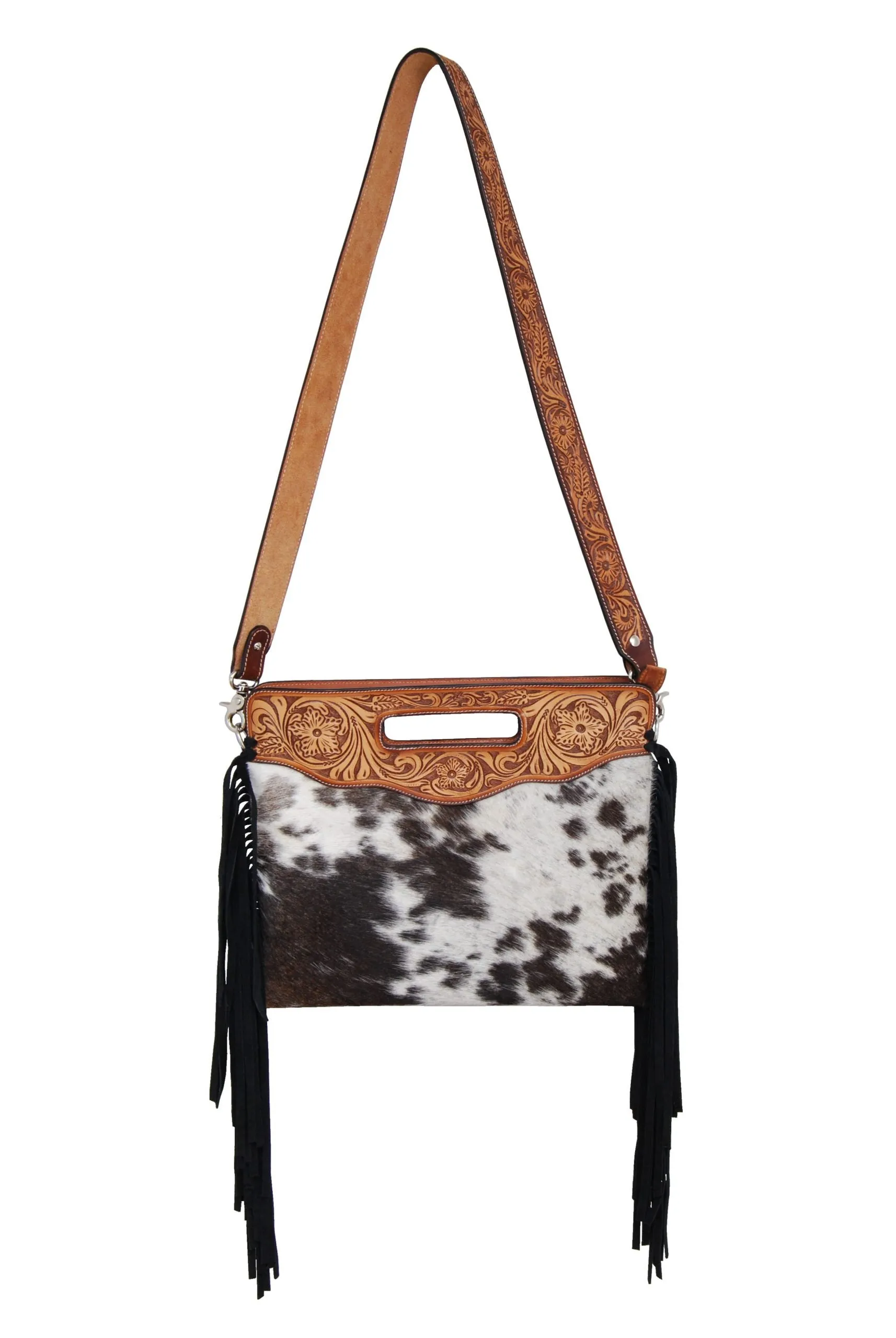 Clutch/Crossbody Bag – 13″(W) x 12″(H) – Cowhide with Black Fringe.