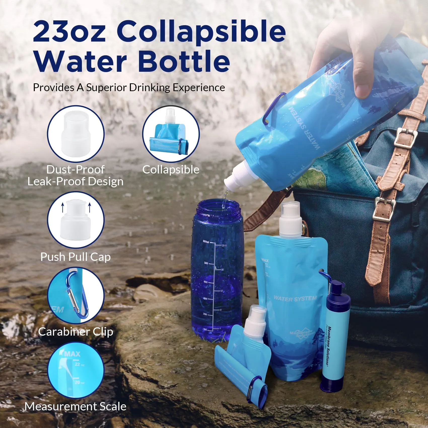 Collapsible Water Bottle for Filter Straw Foldable Water Container Bag for Hiking Camping Travel Emergency