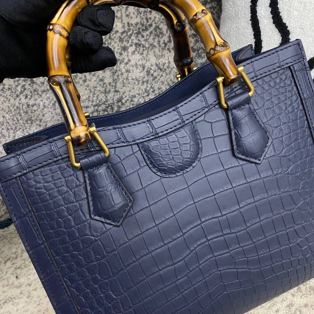 Crocodile Skin Leather Shoulder Crossbody Bag With Bamboo Handle Dark Blue