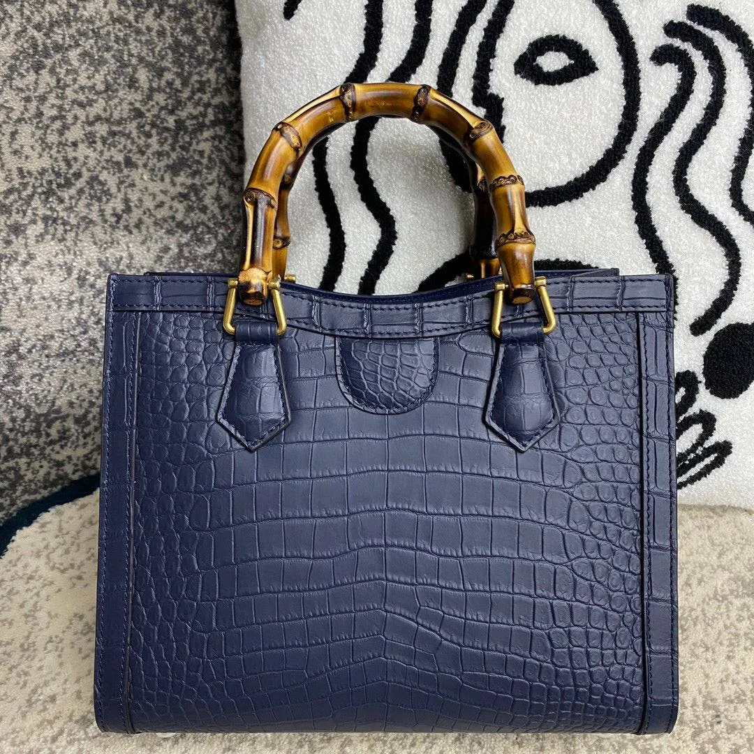 Crocodile Skin Leather Shoulder Crossbody Bag With Bamboo Handle Dark Blue