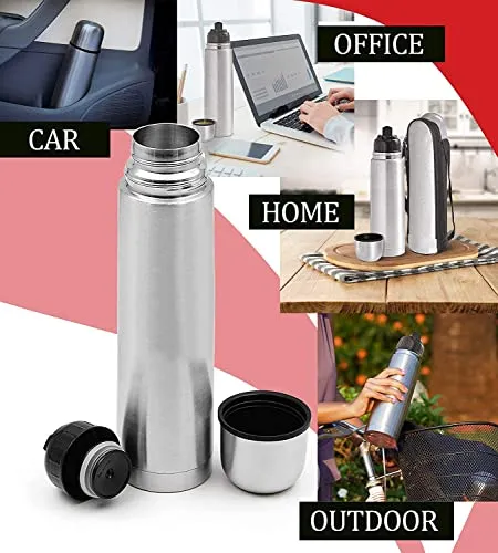 Crystal Zone Double Wall Vacuum Insulated 2 Pieces Stainless Steel Flip Lid 1000 ml and 500ml, 12 Hours Hot and Cold Water, Pack of 2 Bottle with Cover