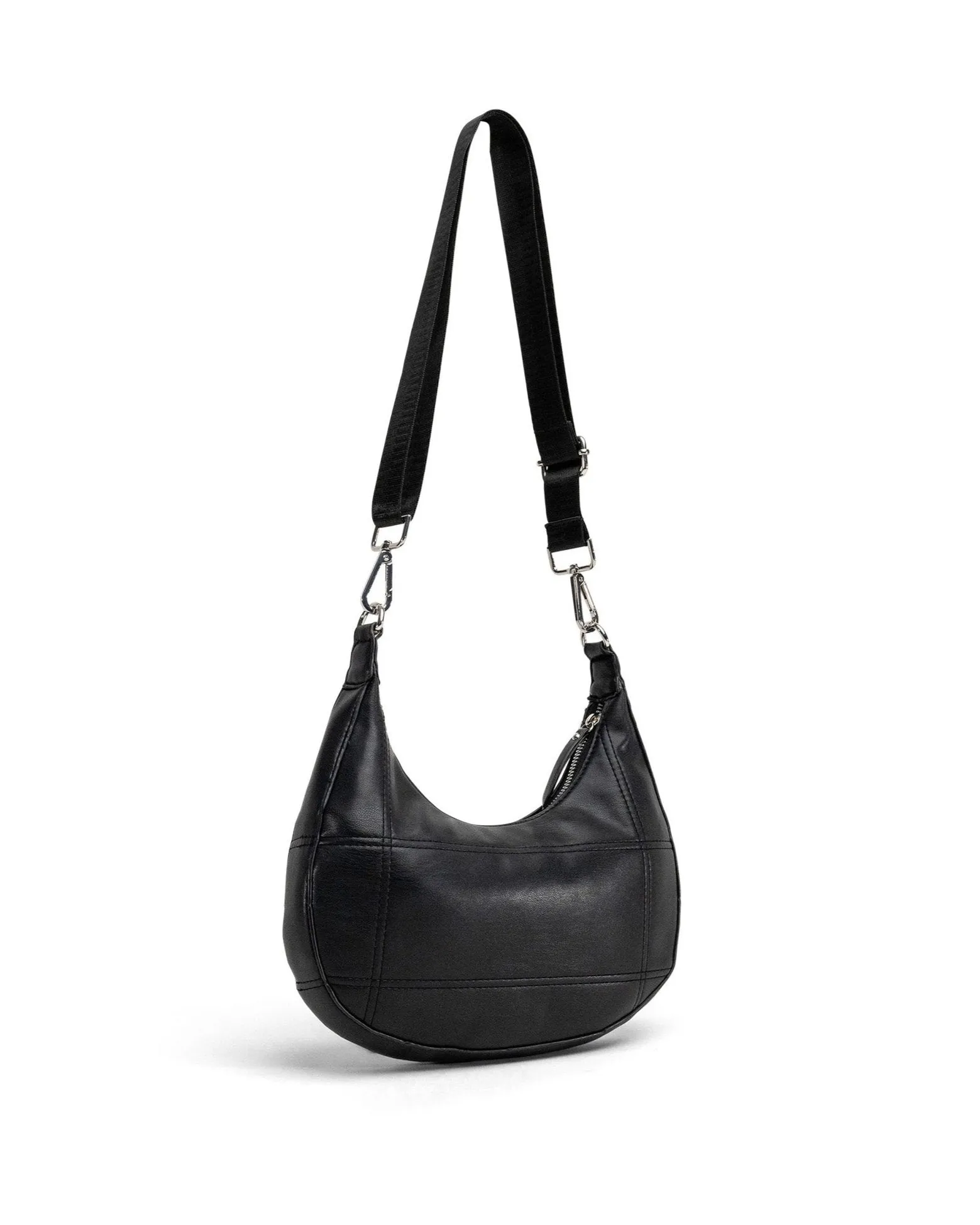 Curved Quilted Leather-Look Sling Crossbody Bag in Black