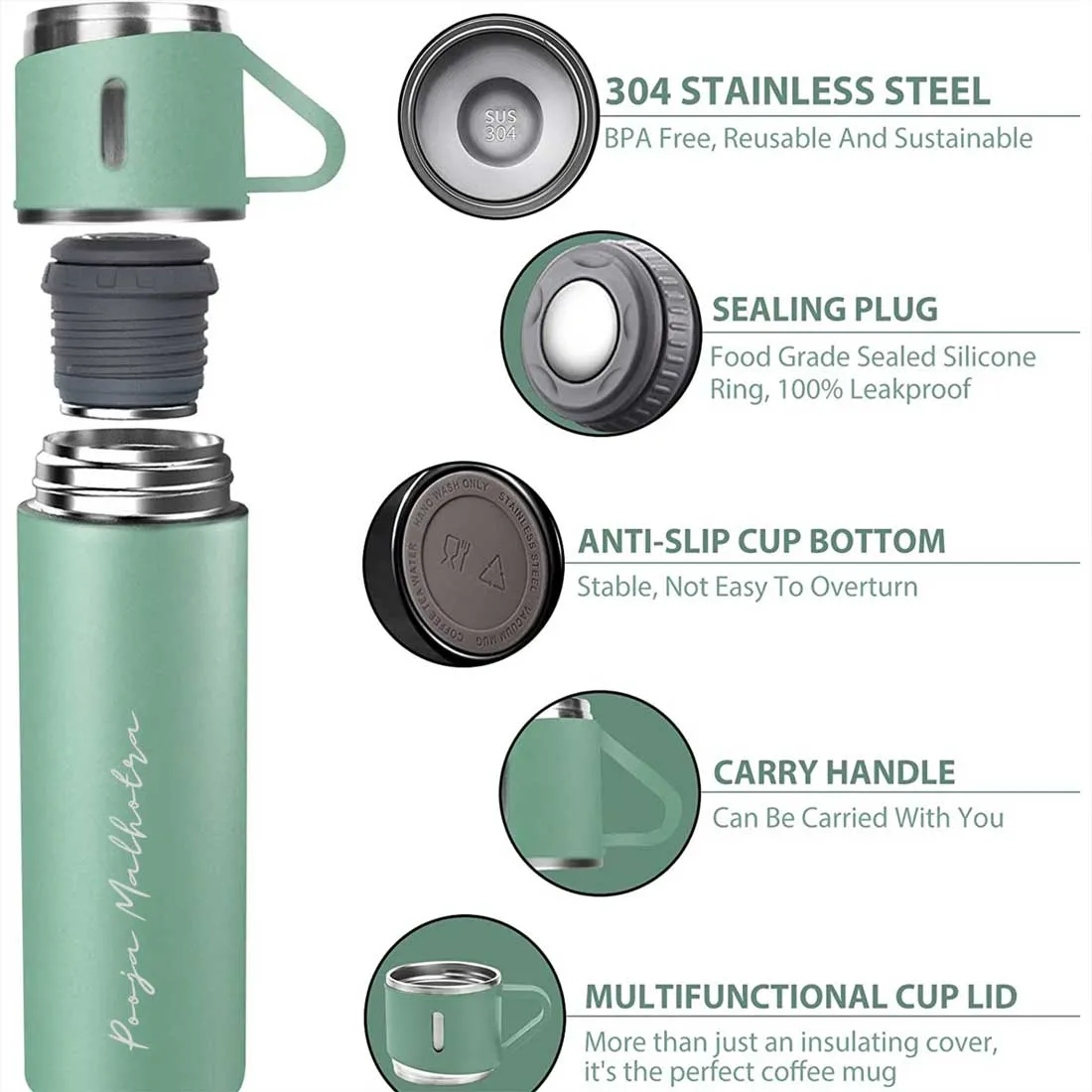 Custom Thermos With Cup Lid 3 Cups Gift Box Set for Travel Outdoor Camping - Add Name