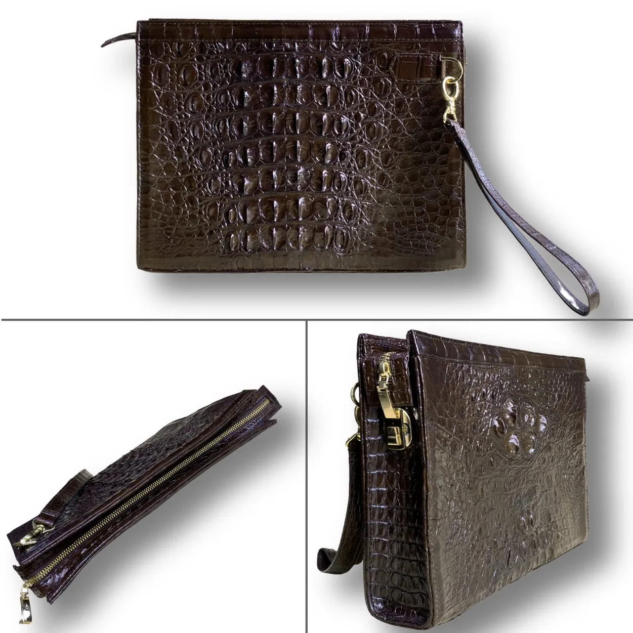 Dark Brown Alligator Mens Big Wristlet Clutch Purse Business Bag Premium Crocodile Handbag RFID Blocking CLUT03