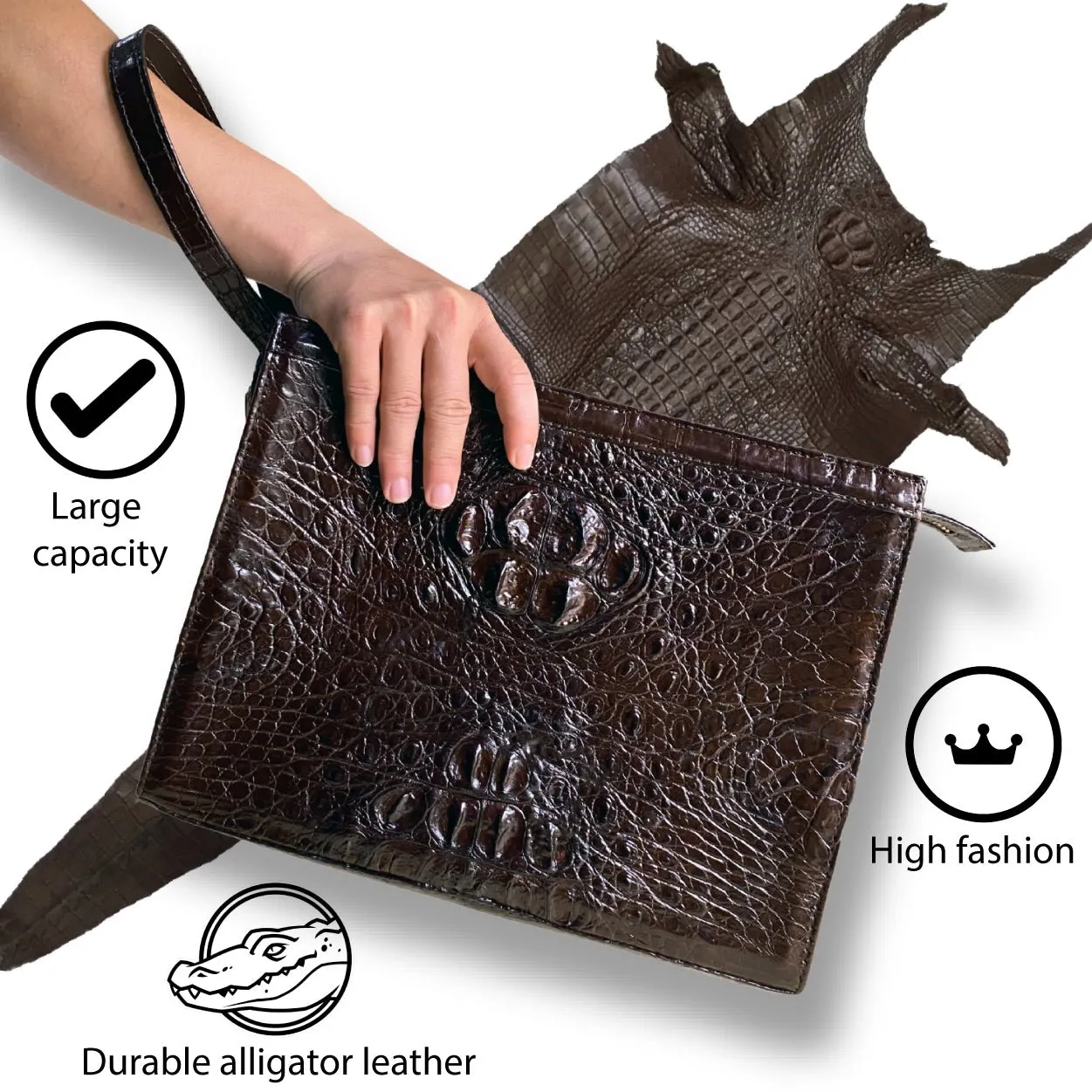 Dark Brown Alligator Mens Big Wristlet Clutch Purse Business Bag Premium Crocodile Handbag RFID Blocking CLUT03