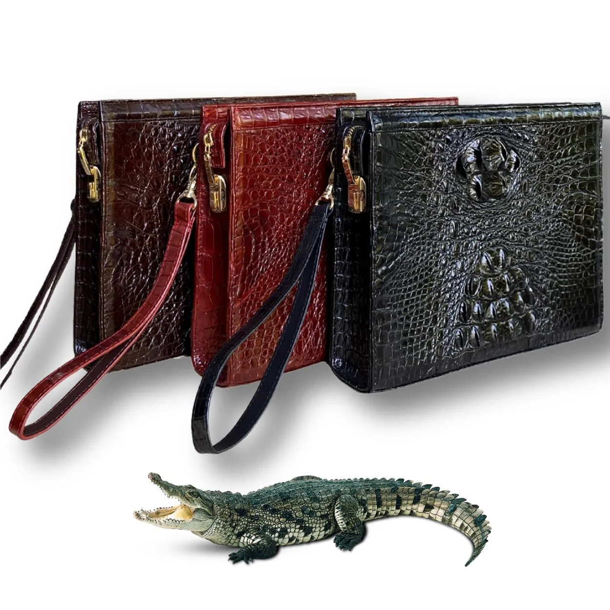 Dark Brown Alligator Mens Big Wristlet Clutch Purse Business Bag Premium Crocodile Handbag RFID Blocking CLUT03