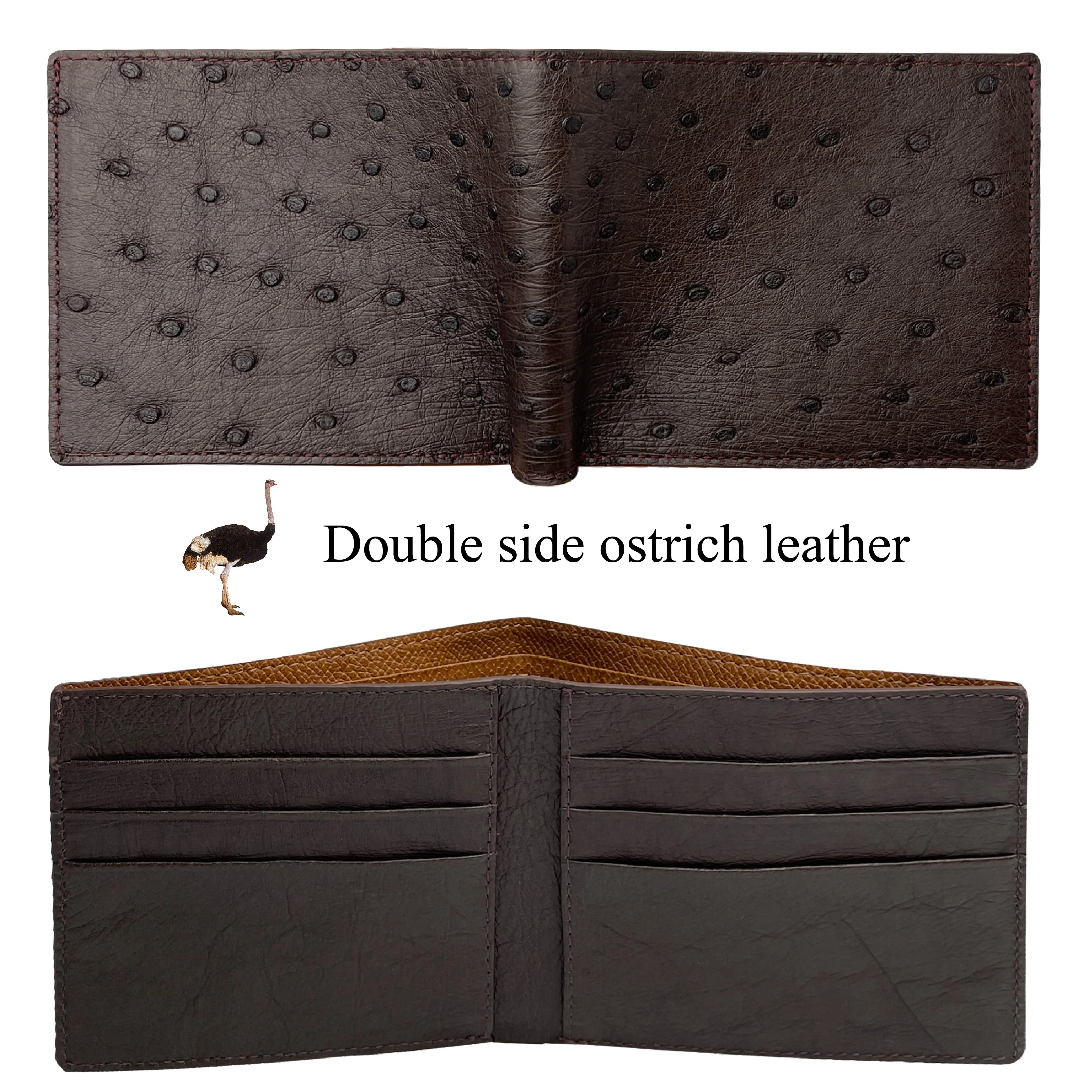 Dark Brown Handmade Double Side Ostrich Leather Bifold Wallet for Men | VINAMOS-03