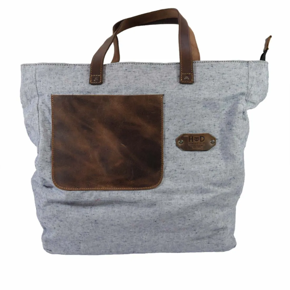 Denim Tote Bag with Leather Straps