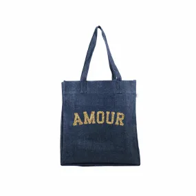 Denim Upright Bag with Gold Glitter AMOUR